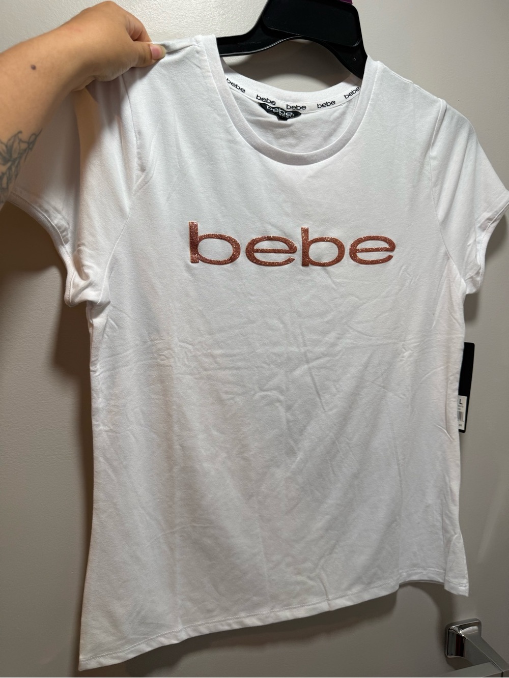bebe White Tee with Rose Gold Logo Print